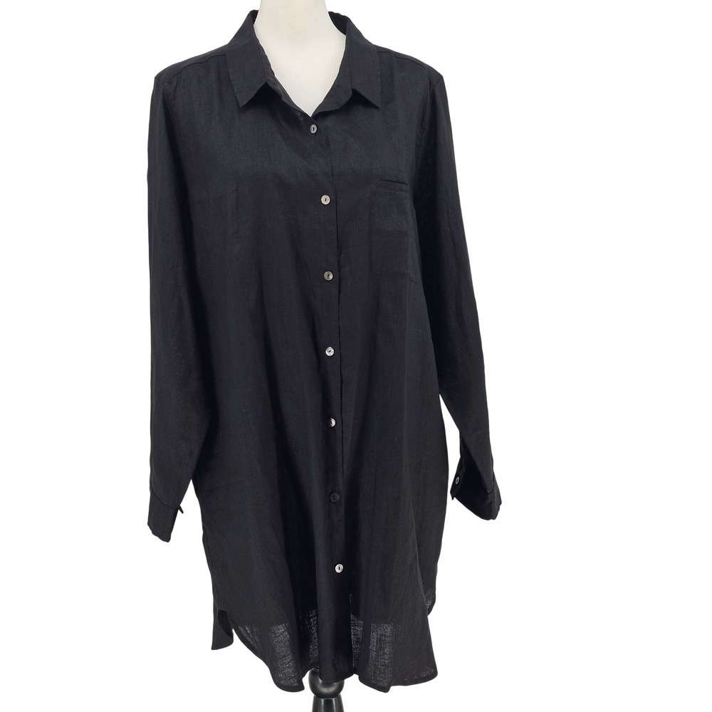 VIVID Linen Button Up Tunic Dress 2X Black Lagenlook Coastal Lightweight